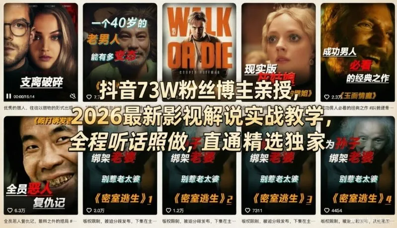 抖音73W粉丝博主亲授，2026最新影视解说实战教学，全程听话照做，直通精选独家-享梦库